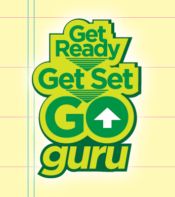 Corporate logo design for the "Go Guru" mentorship program by CommuniCajun, featuring a graduation cap icon and modern teal and blue typography.