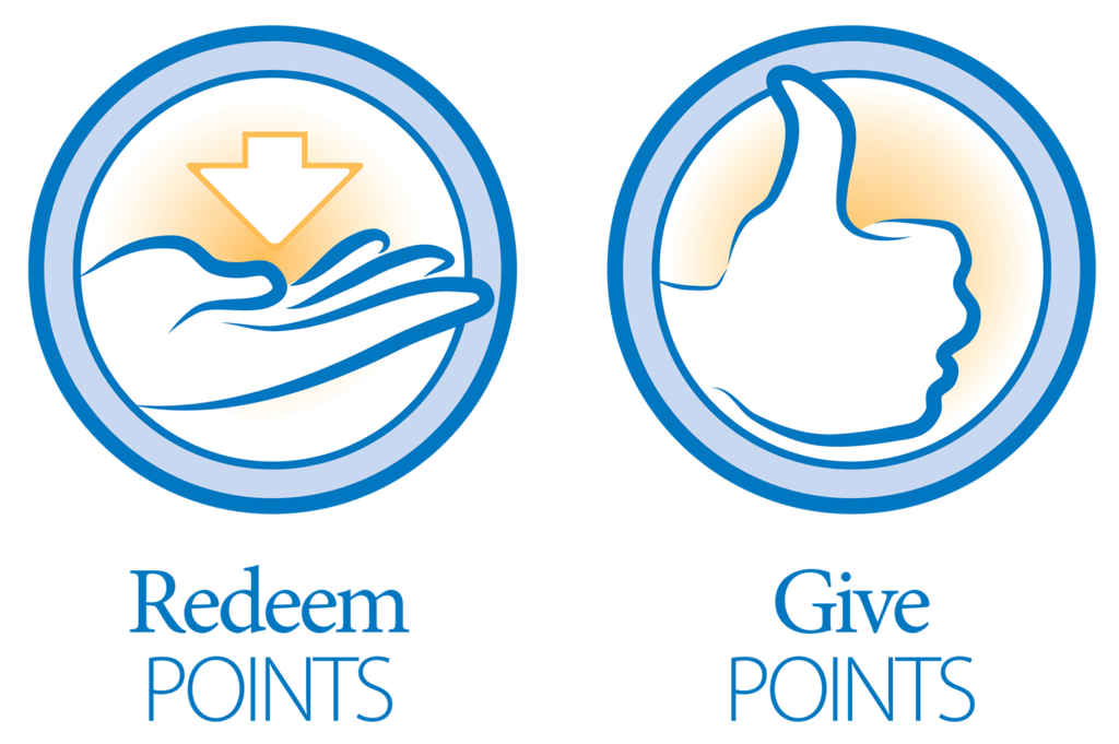 Two blue-and-white service icons featuring a hand with a downward arrow and a thumbs-up symbol on a blue background.

