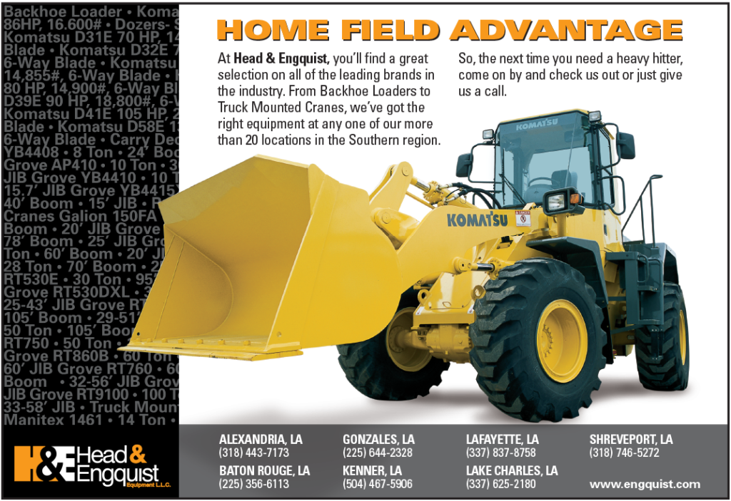 Print advertisement design for Head & Engquist Equipment, featuring a Komatsu wheel loader and a "Home Field Advantage" sports-themed headline.
