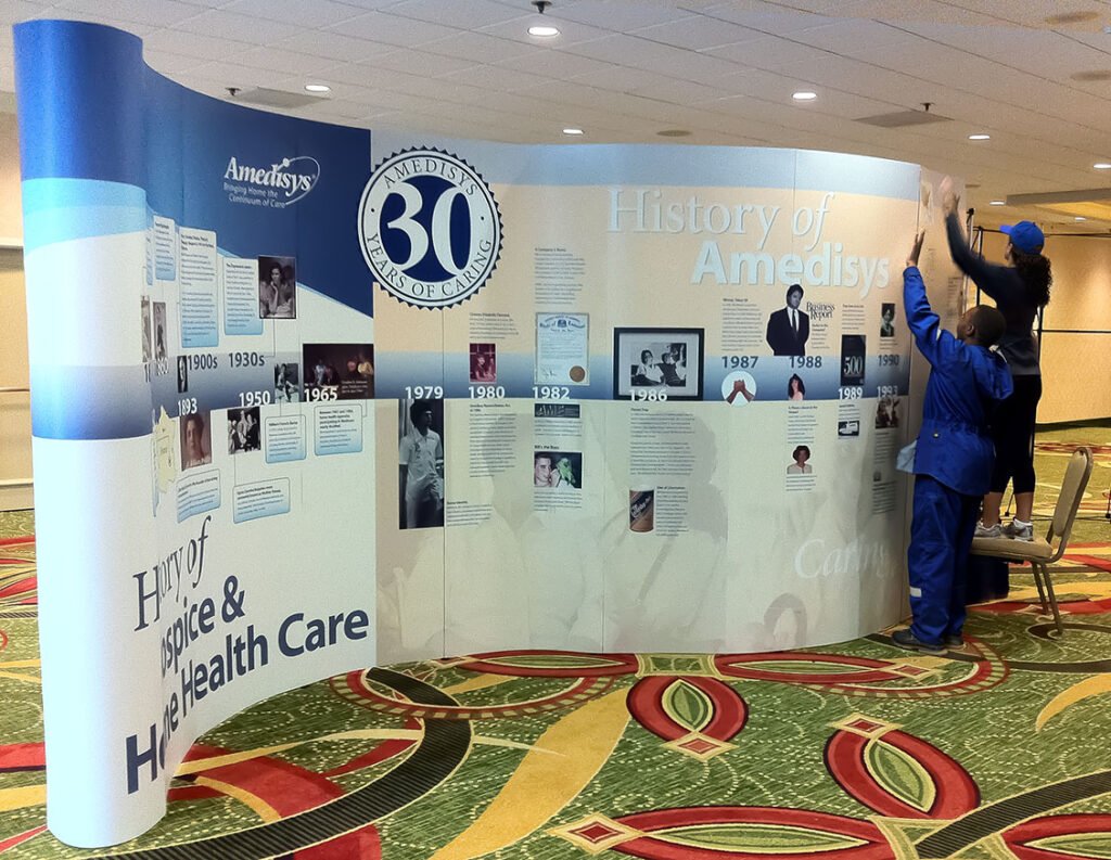 Large-scale environmental graphic design for the Amedisys 30th Anniversary "History of Home Health Care" timeline display.