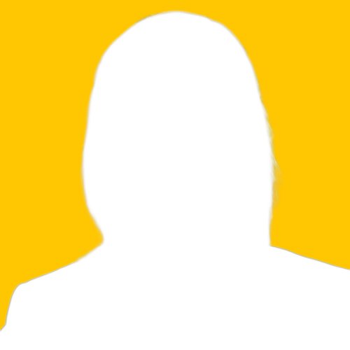 Female client testimonial placeholder graphic for CommuniCajun, featuring a white silhouette against a vibrant yellow background, matching the site’s branding.