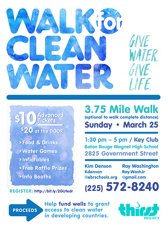 Community event flyer graphic design by CommuniCajun Consulting for the "Walk for Clean Water" at Baton Rouge Magnet High School.
