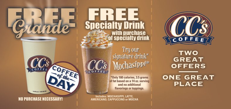 Print advertisement and coupon insert design for Community Coffee, featuring a "Free Specialty Drink" offer.