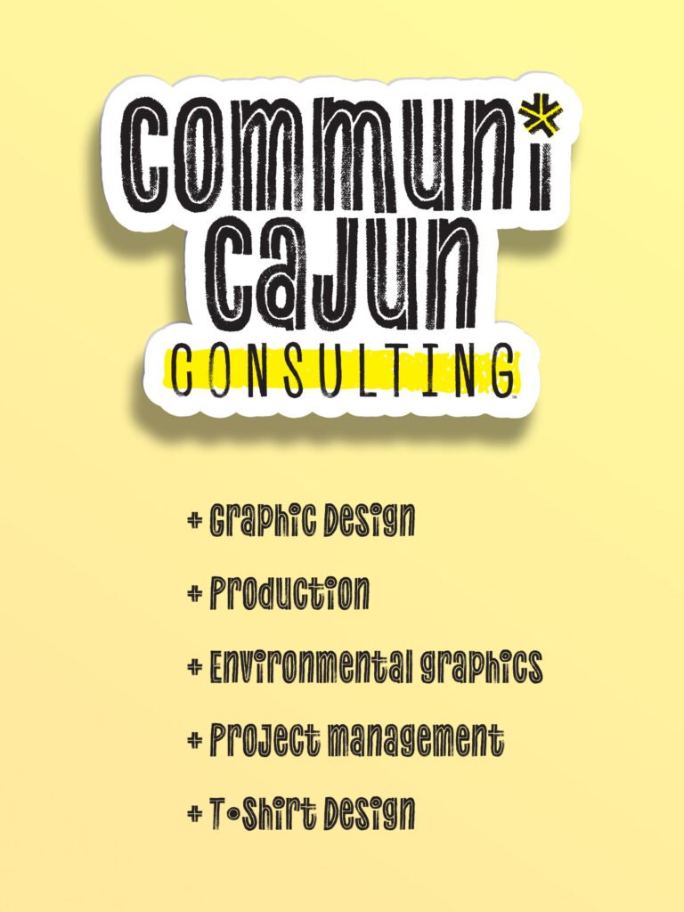 Communi Cajun Consulting logo graphic with a list of creative services including graphic design, production, environmental graphics, project management, and T-shirt design.